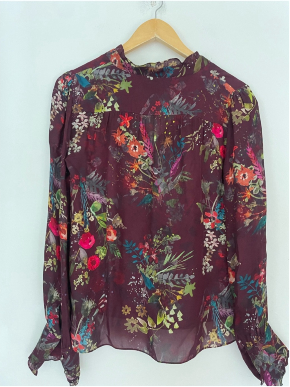 Parker silk blend Floral Burgundy Ruffle V-Neck Blouse top - Picture 4 of 10